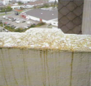 Unansehnlich gewordene Br�stung der Balkone durch Kaminauswurf